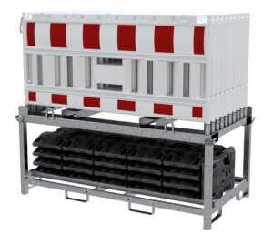 SET mit 20 Absperrschrankengitter und 21 Fußplatten auf Lager- und Transporttraverse - Art.Nr. 33420K2-SET2