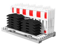 SET mit 10 Absperrschrankengitter und 11 Fußplatten auf Lager- und Transporttraverse mit Lampenadapter mit rot/weißer Folie, Typ RA1/A Schrankentyp NOX weiß - Art.Nr. 33420KA-SET1