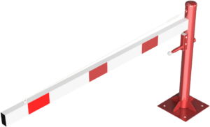 Drehschranke mit Seilzugverstärkung für Dübelbefestigung, feuerverzinkt und rot beschichtet mit weiß reflektierenden Ringen Schrankenbaumlänge: 2000 mm für Vorhangschloss - Art.Nr. 4113_20VBP – Bild 2