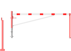 Drehschranke mit Auflagepfosten und Seilzugverstärkung zum Einbetonieren, feuerverzinkt und weiß beschichtet mit rot reflektierenden Leuchtstreifen Schrankenbaumlänge: 3500 mm für Vorhangschloss - Art.Nr. 4213_35VB – Bild 2